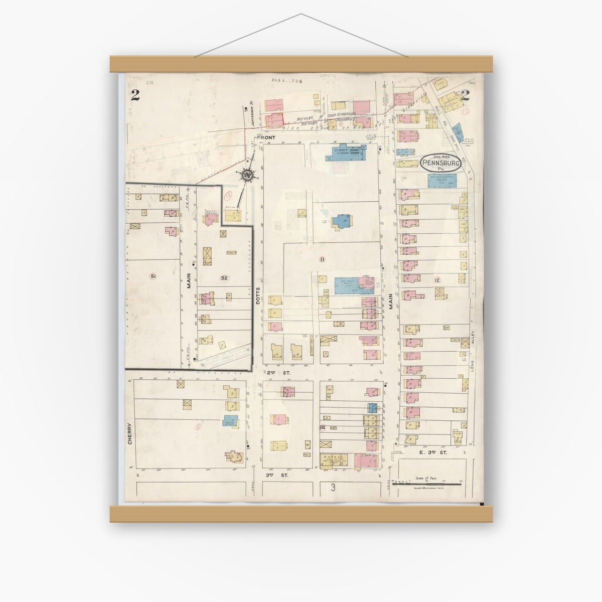 Old map wall art mockup — magnetic wood frame on white wall — Sanborn Fire Insurance Map from Pennsburg, Montgomery County, Pennsylvania (1933), Sheet #0002