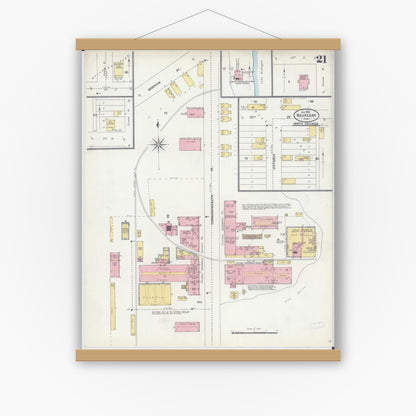 Old map wall art mockup — magnetic wood frame on white wall — Sanborn Fire Insurance Map from Waukegan, Lake County, Illinois (1906), Sheet #0021
