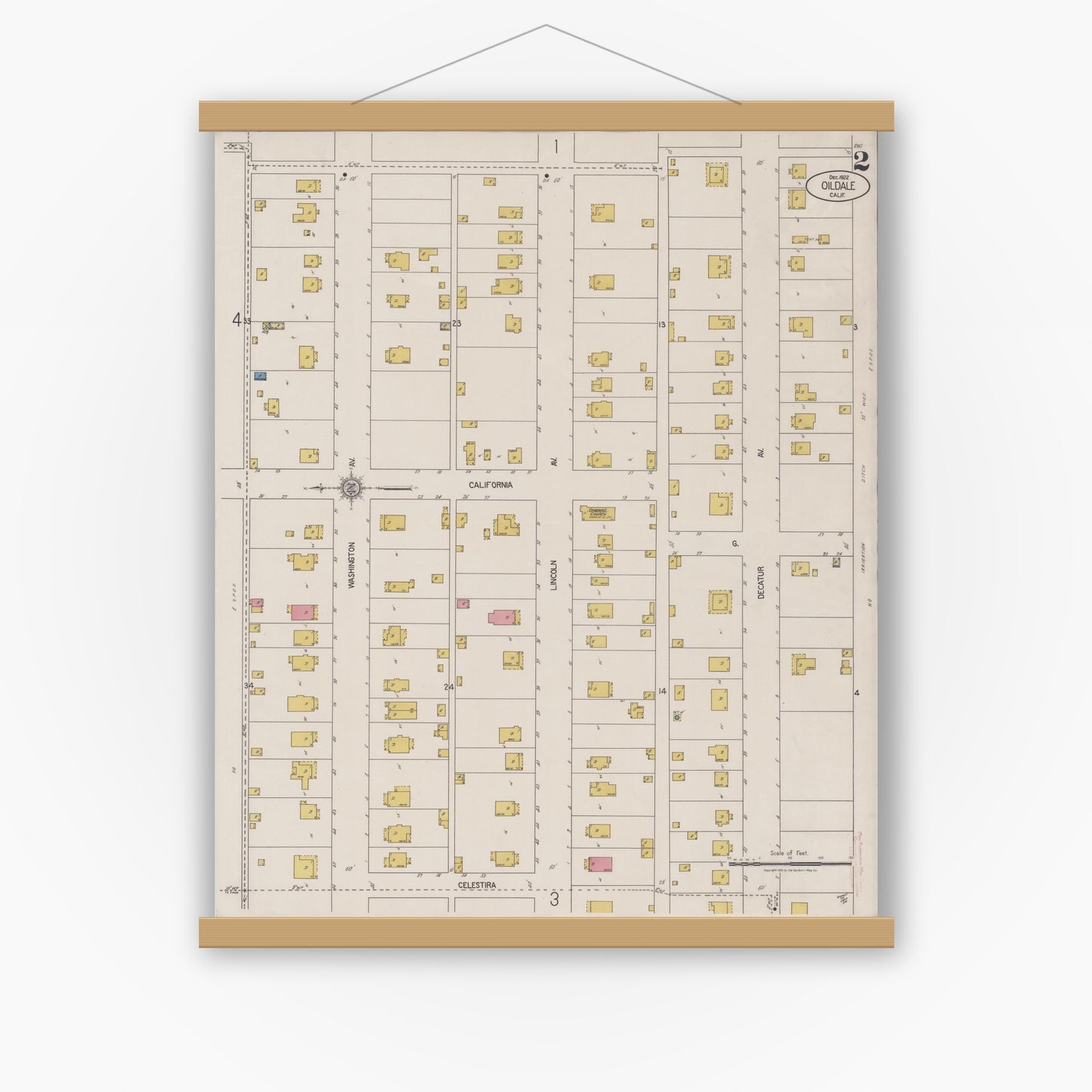 Old map wall art mockup — magnetic wood frame on white wall — Sanborn Fire Insurance Map from Oildale, Kern County, California (1922) - Complete Map Set