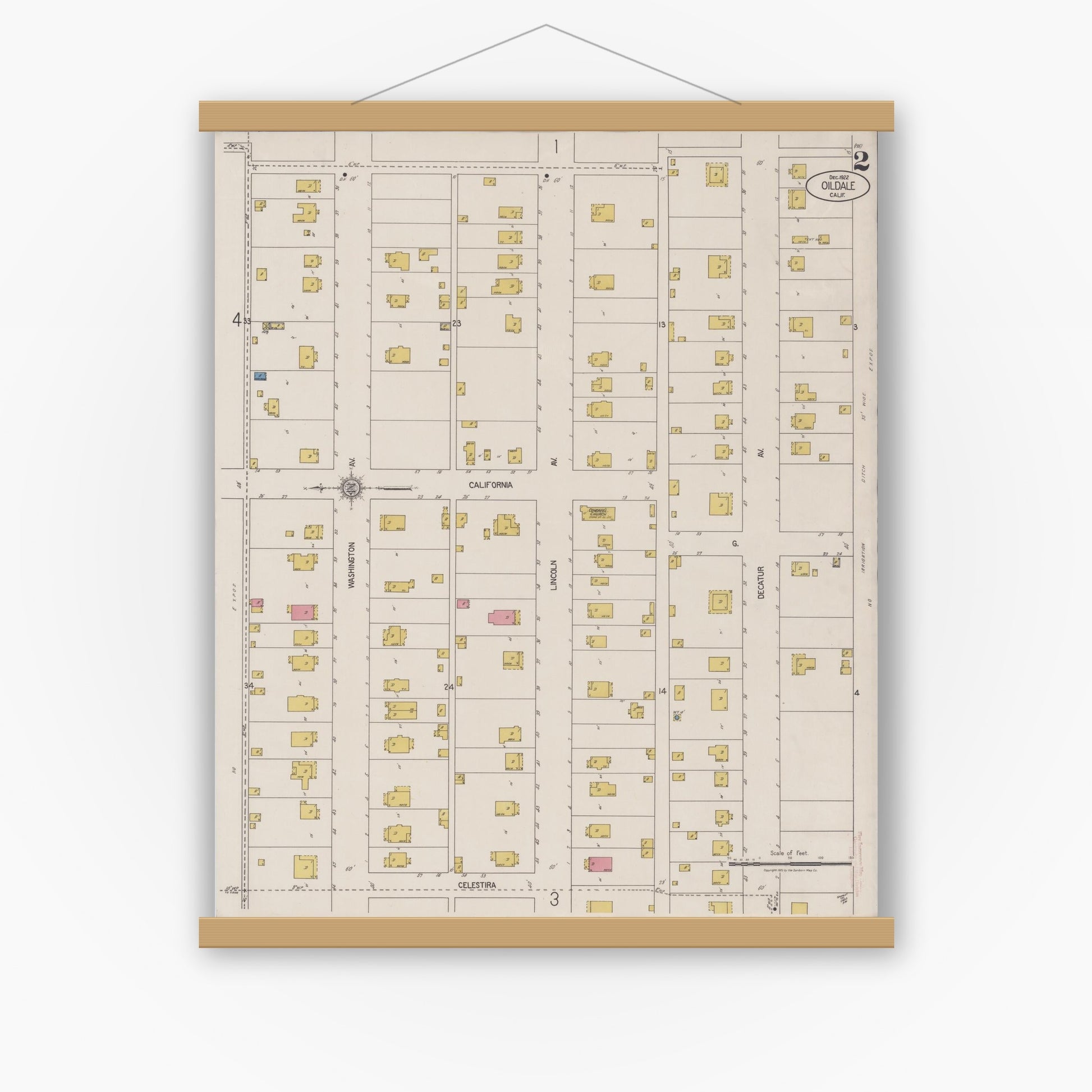 Old map wall art mockup — magnetic wood frame on white wall — Sanborn Fire Insurance Map from Oildale, Kern County, California (1922) - Complete Map Set