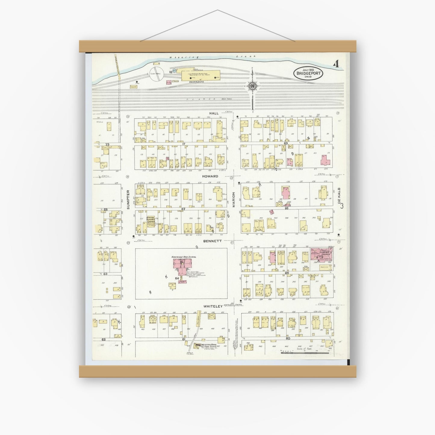 Old map wall art mockup — magnetic wood frame on white wall — Sanborn Fire Insurance Map from Bridgeport, Belmont County, Ohio (1910), Sheet #0004