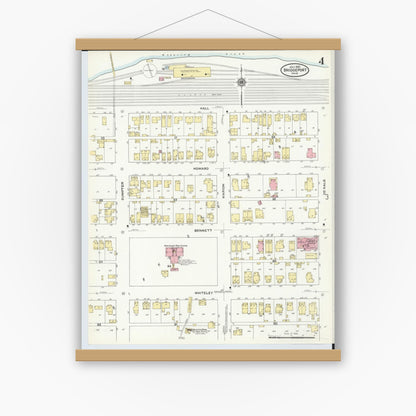 Old map wall art mockup — magnetic wood frame on white wall — Sanborn Fire Insurance Map from Bridgeport, Belmont County, Ohio (1910), Sheet #0004