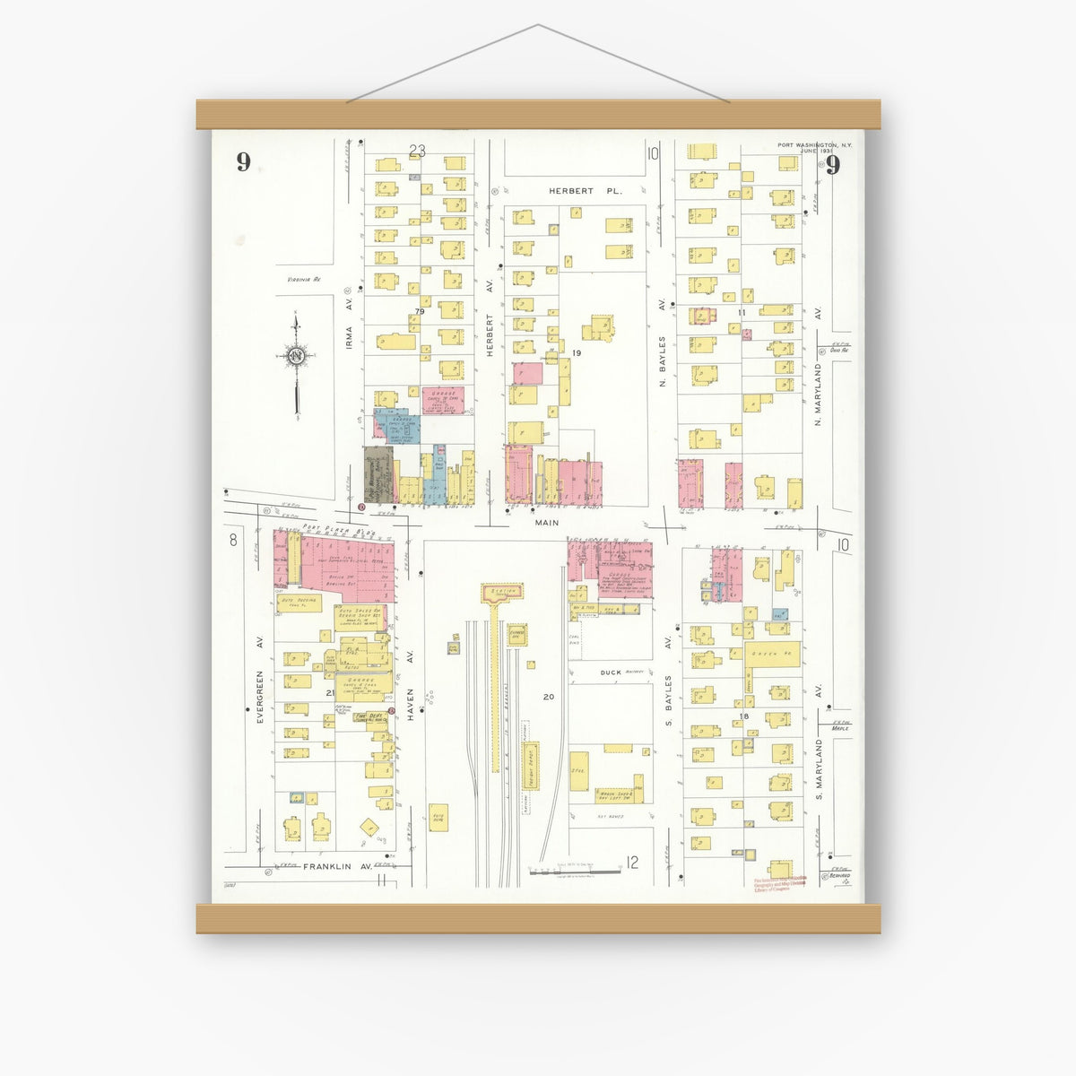 Old map wall art mockup — magnetic wood frame on white wall — Sanborn Fire Insurance Map from Port Washington, Nassau County, New York (1931), Sheet #0009