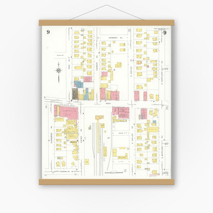 Old map wall art mockup — magnetic wood frame on white wall — Sanborn Fire Insurance Map from Port Washington, Nassau County, New York (1931), Sheet #0009