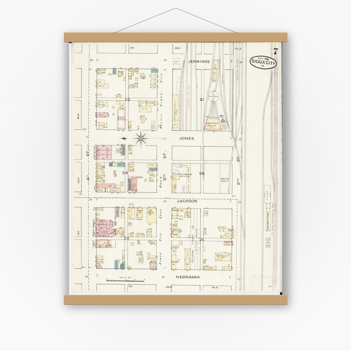 Old map wall art mockup — magnetic wood frame on white wall — Sanborn Fire Insurance Map from Sioux City, Woodbury County, Iowa (1886), Sheet #0007
