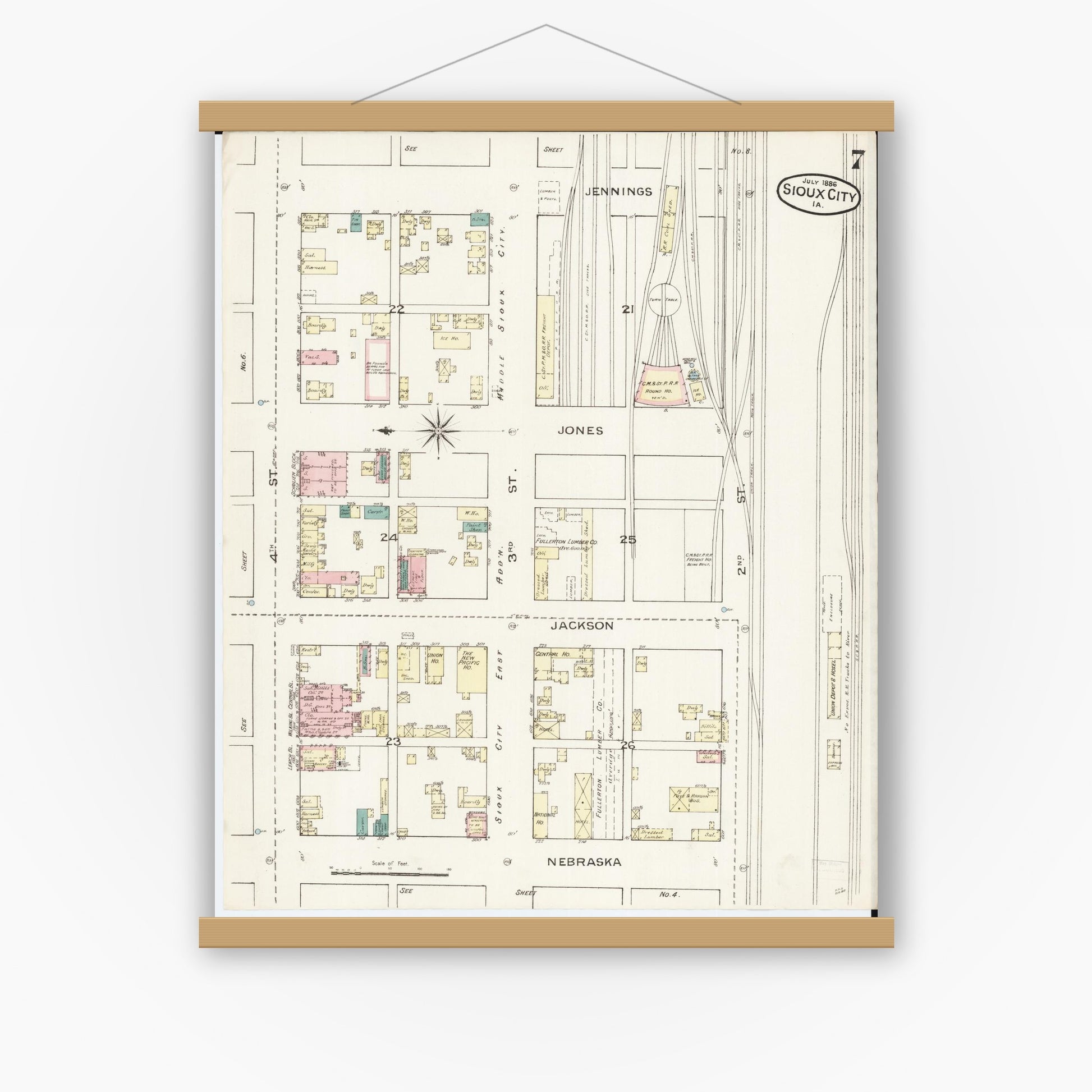 Old map wall art mockup — magnetic wood frame on white wall — Sanborn Fire Insurance Map from Sioux City, Woodbury County, Iowa (1886), Sheet #0007