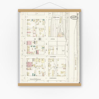 Old map wall art mockup — magnetic wood frame on white wall — Sanborn Fire Insurance Map from Sioux City, Woodbury County, Iowa (1886), Sheet #0007