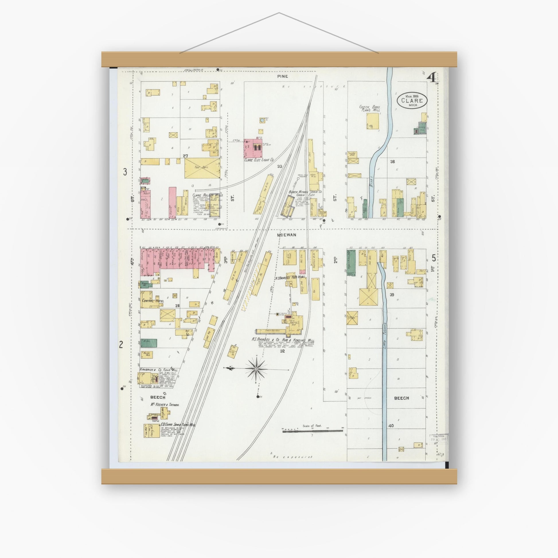 Old map wall art mockup — magnetic wood frame on white wall — Sanborn Fire Insurance Map from Clare, Clare County, Michigan (1906), Sheet #0004