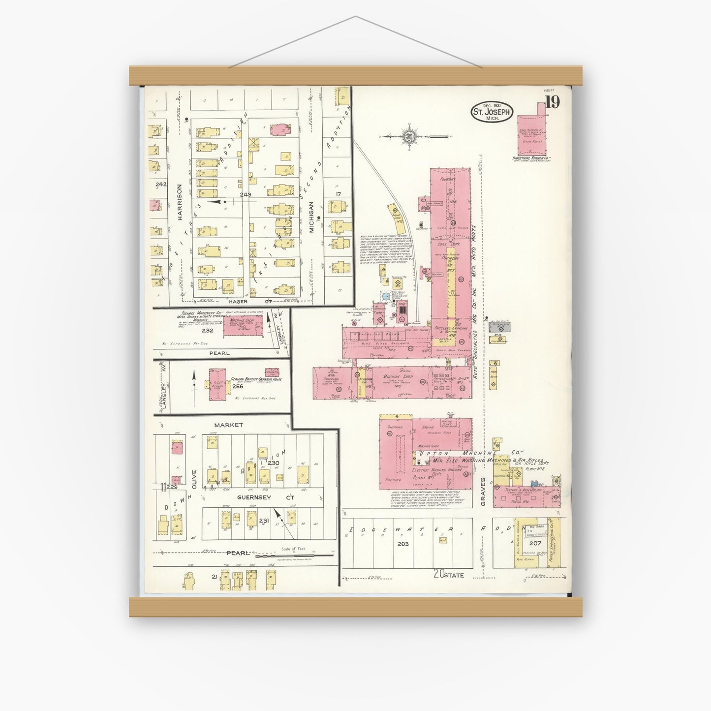 Old map wall art mockup — magnetic wood frame on white wall — Sanborn Fire Insurance Map from Saint Joseph, Berrien County, Michigan (1921), Sheet #0019