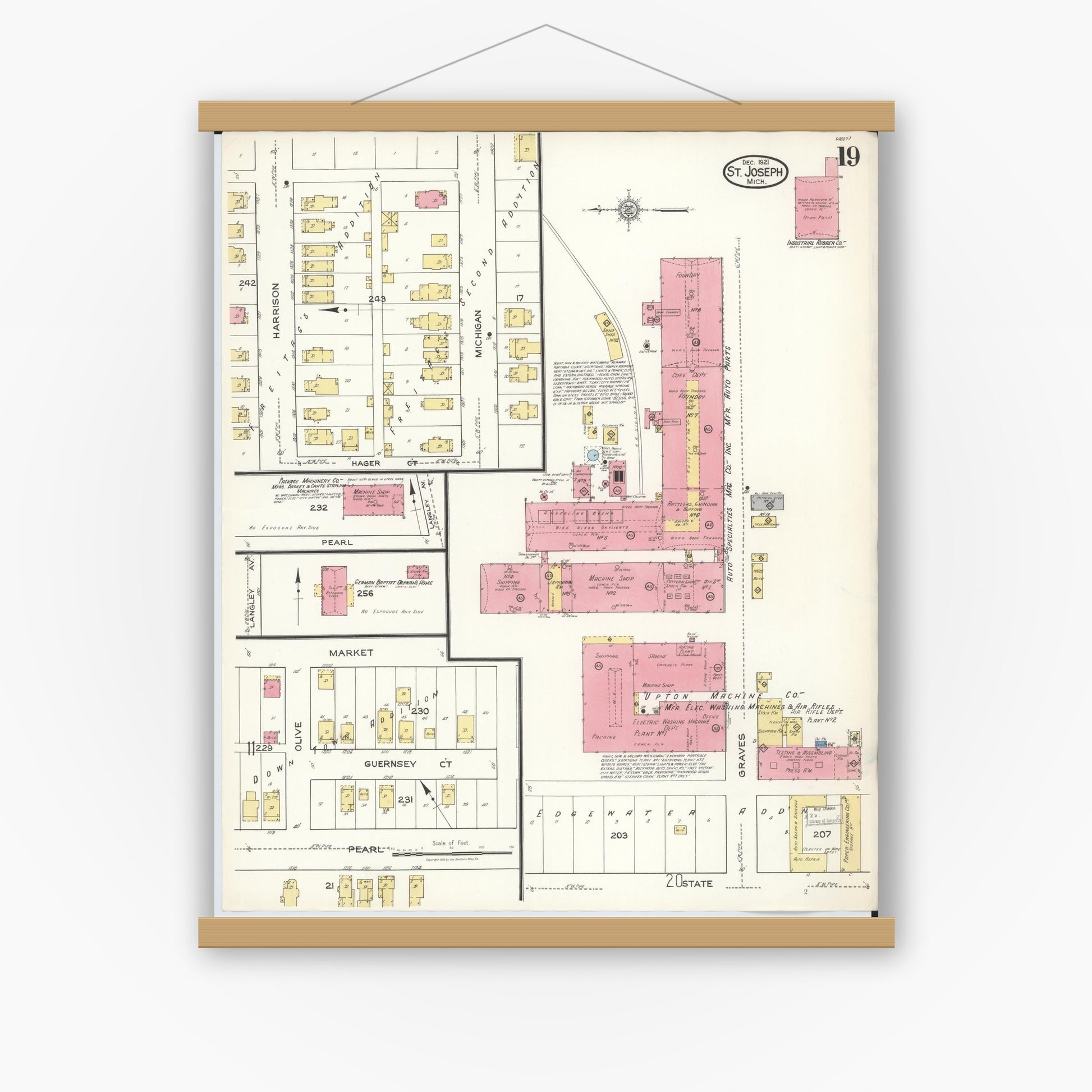 Old map wall art mockup — magnetic wood frame on white wall — Sanborn Fire Insurance Map from Saint Joseph, Berrien County, Michigan (1921), Sheet #0019