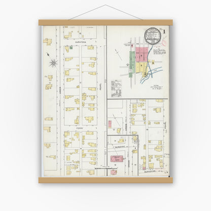 Old map wall art mockup — magnetic wood frame on white wall — Sanborn Fire Insurance Map from Schuylerville, Saratoga County, New York (1895) - Complete Map Set