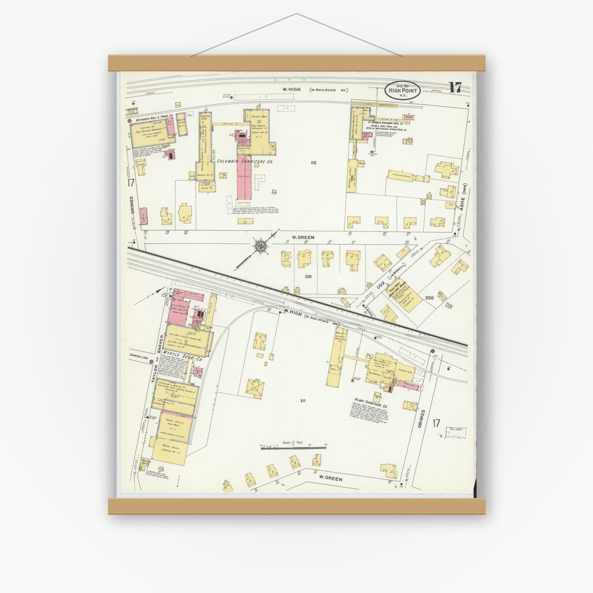 Old map wall art mockup — magnetic wood frame on white wall — Sanborn Fire Insurance Map from High Point, Guilford County, North Carolina (1911), Sheet #0017