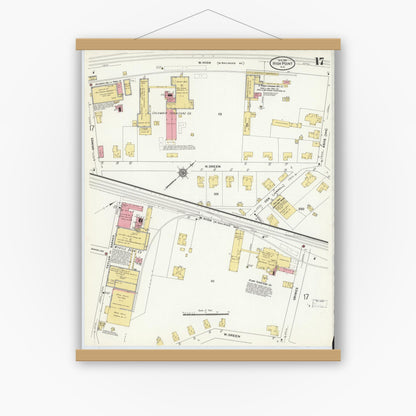 Old map wall art mockup — magnetic wood frame on white wall — Sanborn Fire Insurance Map from High Point, Guilford County, North Carolina (1911), Sheet #0017