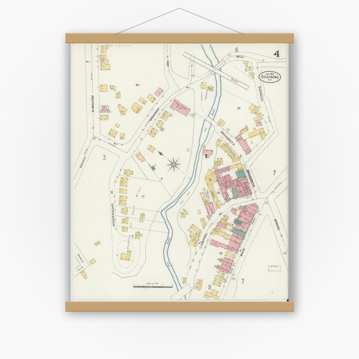 Old map wall art mockup — magnetic wood frame on white wall — Sanborn Fire Insurance Map from Ossining, Westchester County, New York (1903), Sheet #0004