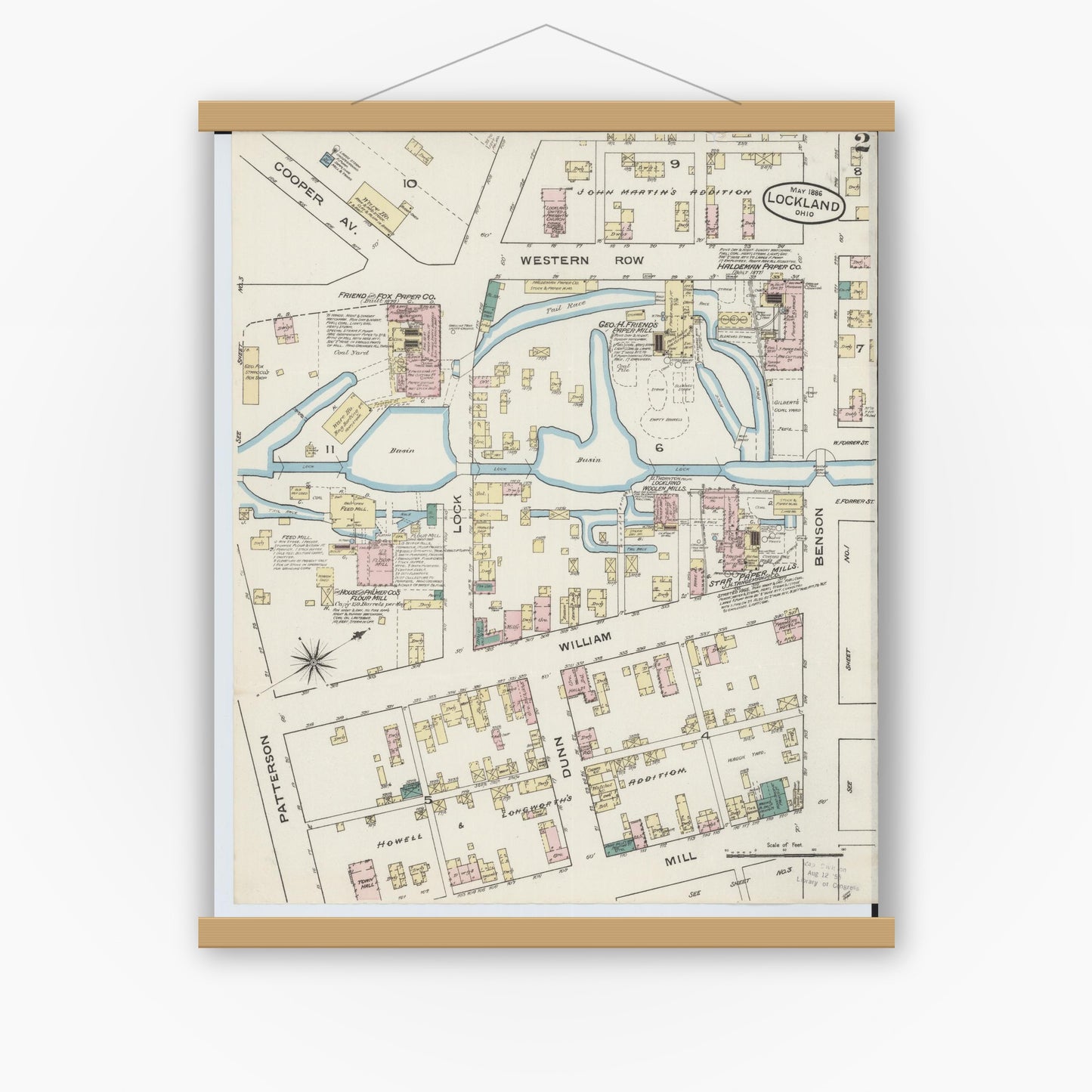 Old map wall art mockup — magnetic wood frame on white wall — Sanborn Fire Insurance Map from Lockland, Hamilton County, Ohio (1886), Sheet #0002