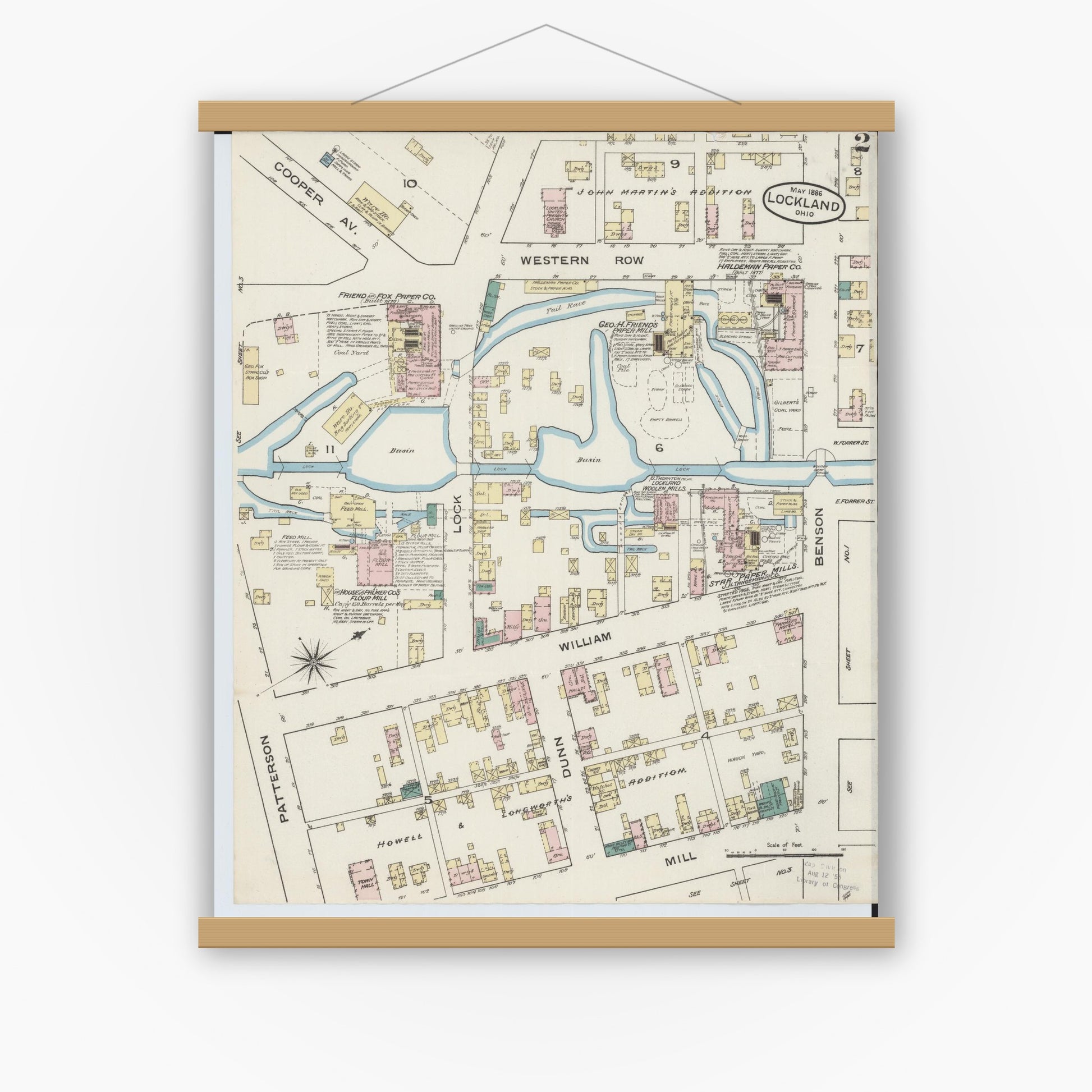Old map wall art mockup — magnetic wood frame on white wall — Sanborn Fire Insurance Map from Lockland, Hamilton County, Ohio (1886), Sheet #0002