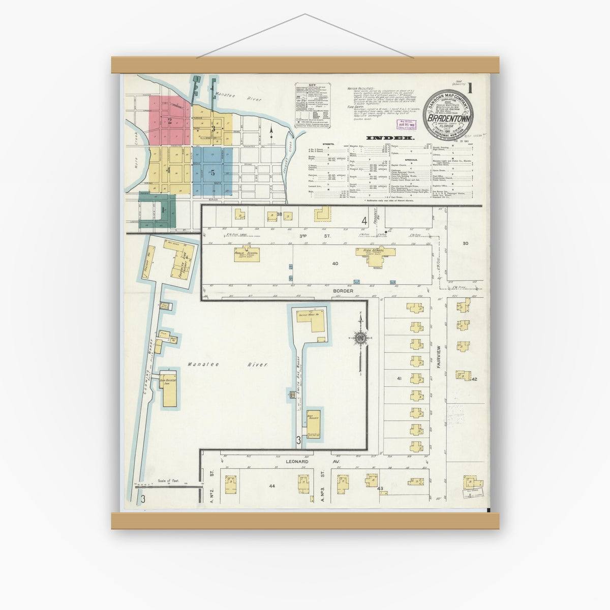 Old map wall art mockup — magnetic wood frame on white wall — Sanborn Fire Insurance Map from Bradentown, Manatee County, Florida (1911) - Complete Map Set