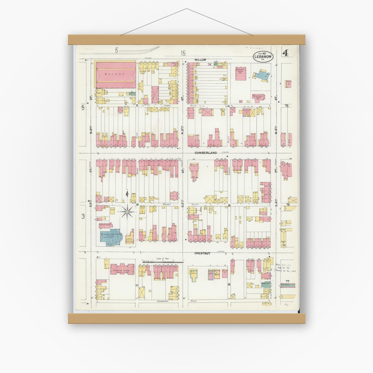 Old map wall art mockup — magnetic wood frame on white wall — Sanborn Fire Insurance Map from Lebanon, Lebanon County, Pennsylvania (1902), Sheet #0004