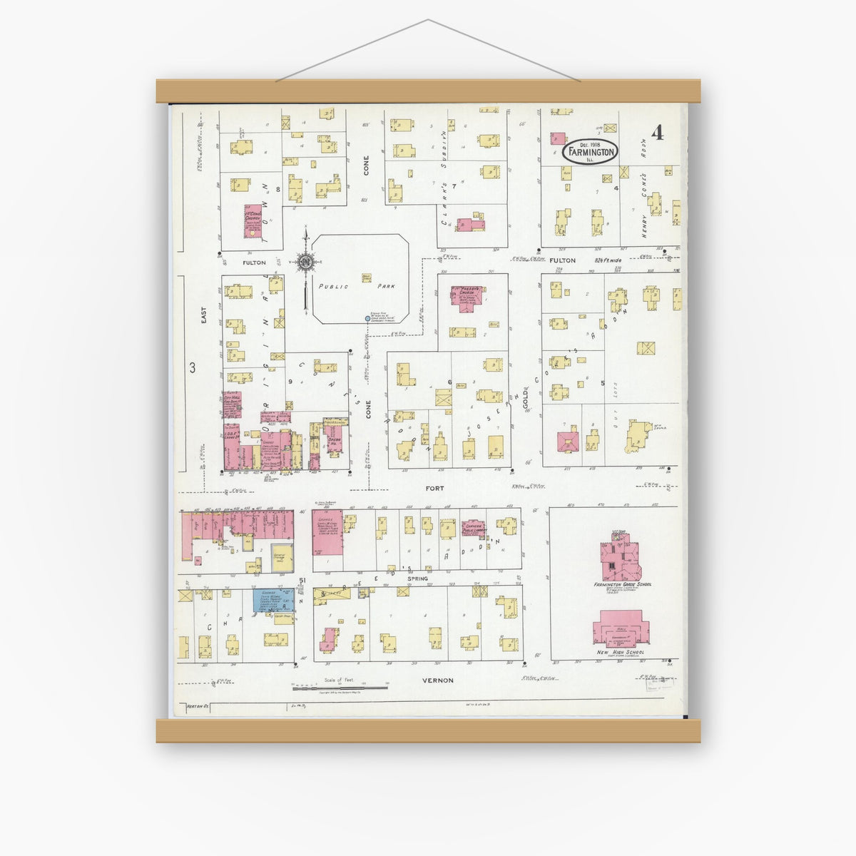 Old map wall art mockup — magnetic wood frame on white wall — Sanborn Fire Insurance Map from Farmington, Fulton County, Illinois (1918), Sheet #0004