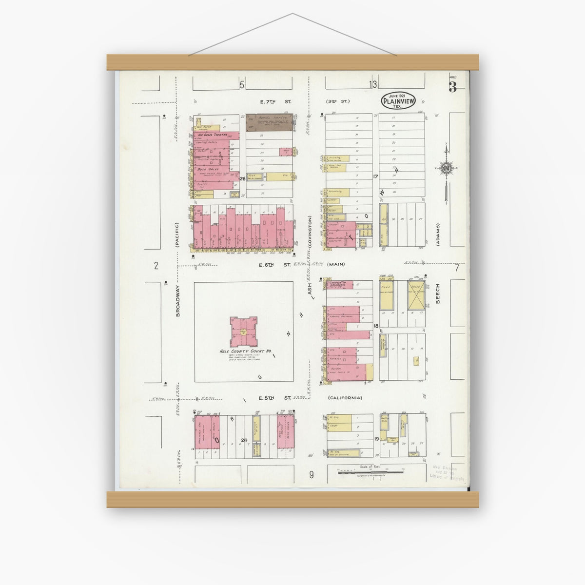 Old map wall art mockup — magnetic wood frame on white wall — Sanborn Fire Insurance Map from Plainview, Hale County, Texas (1921), Sheet #0003