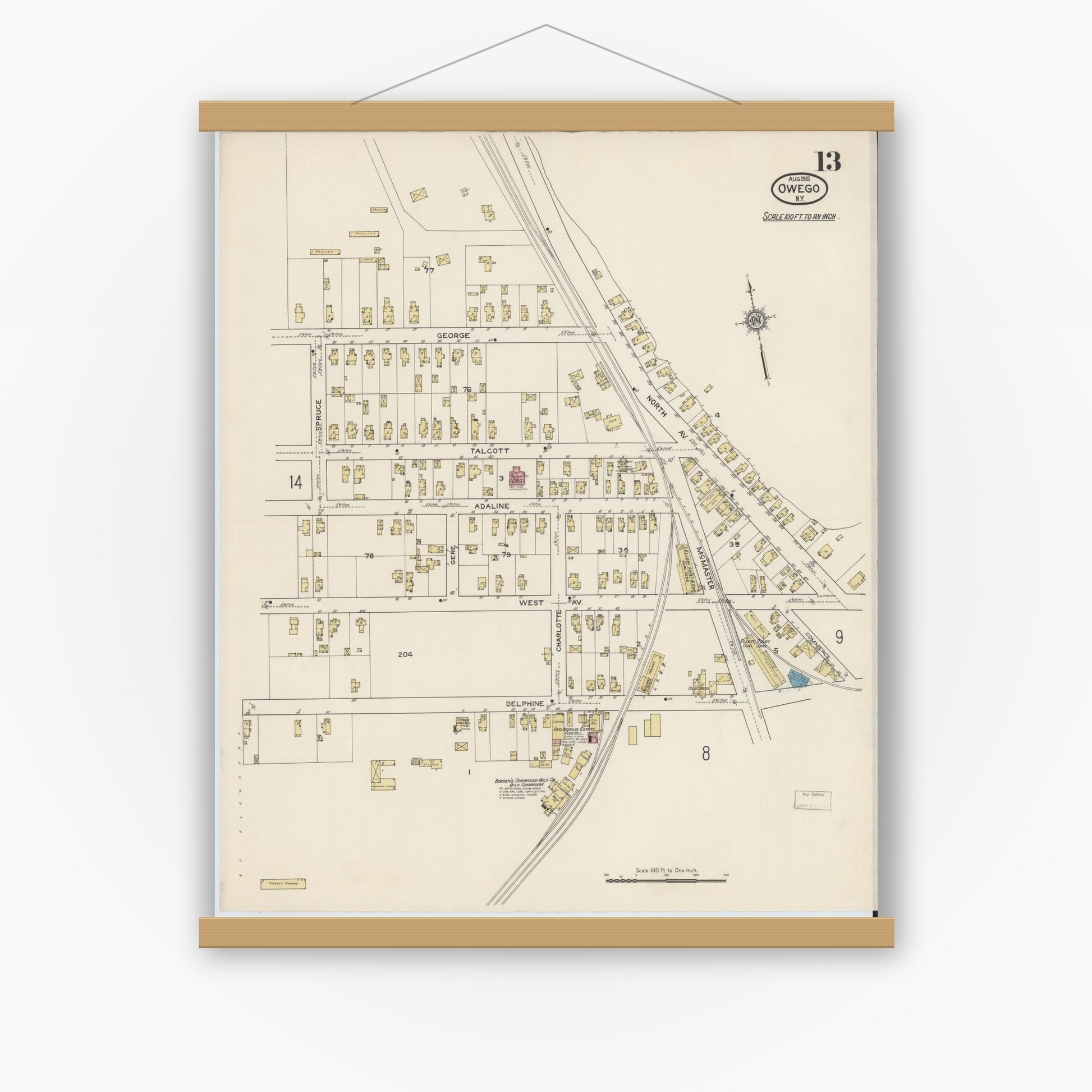 Old map wall art mockup — magnetic wood frame on white wall — Sanborn Fire Insurance Map from Owego, Tioga County, New York (1915), Sheet #0013