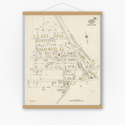 Old map wall art mockup — magnetic wood frame on white wall — Sanborn Fire Insurance Map from Owego, Tioga County, New York (1915), Sheet #0013