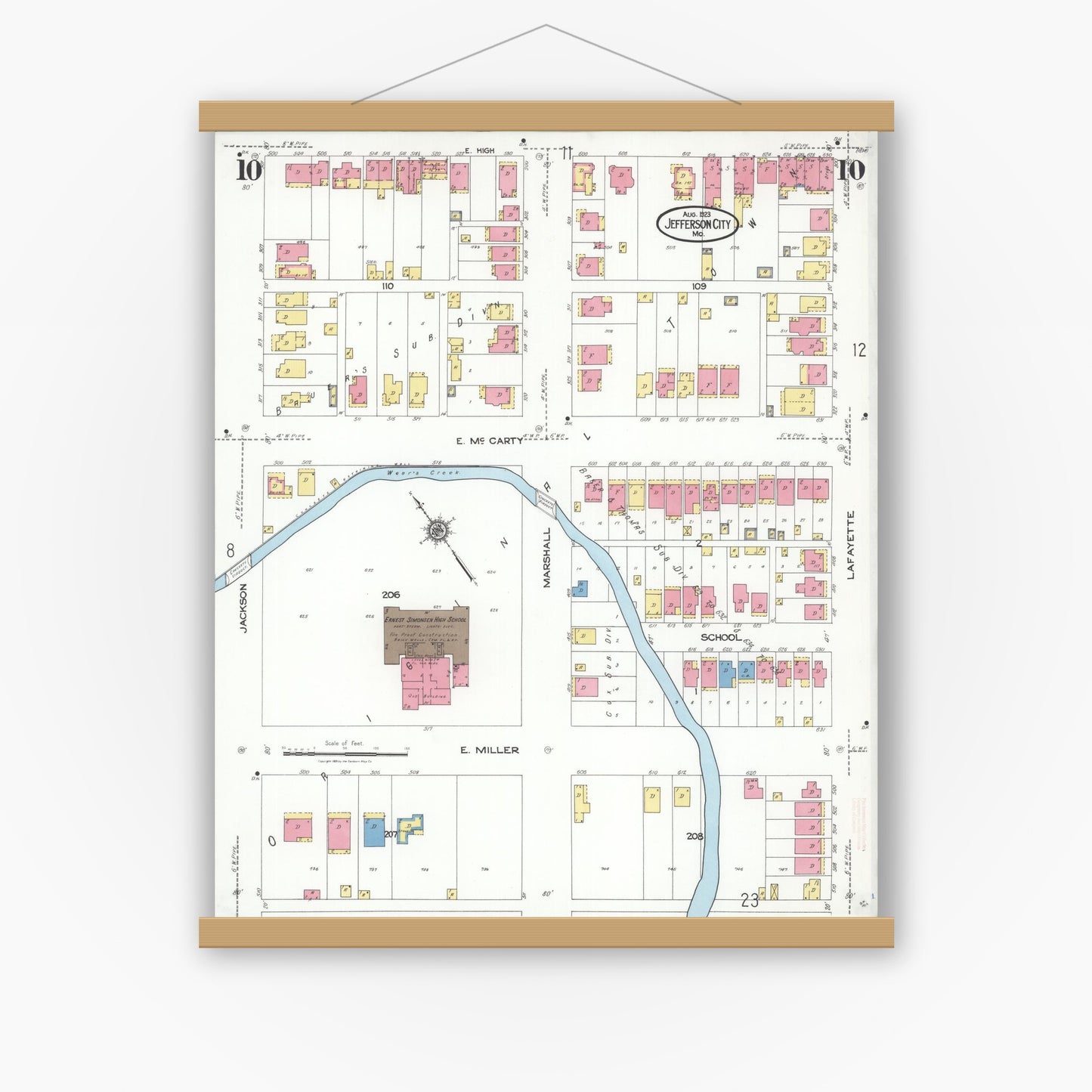 Old map wall art mockup — magnetic wood frame on white wall — Sanborn Fire Insurance Map from Jefferson City, Cole County, Missouri (1923), Sheet #0010