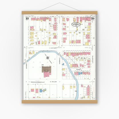 Old map wall art mockup — magnetic wood frame on white wall — Sanborn Fire Insurance Map from Jefferson City, Cole County, Missouri (1923), Sheet #0010