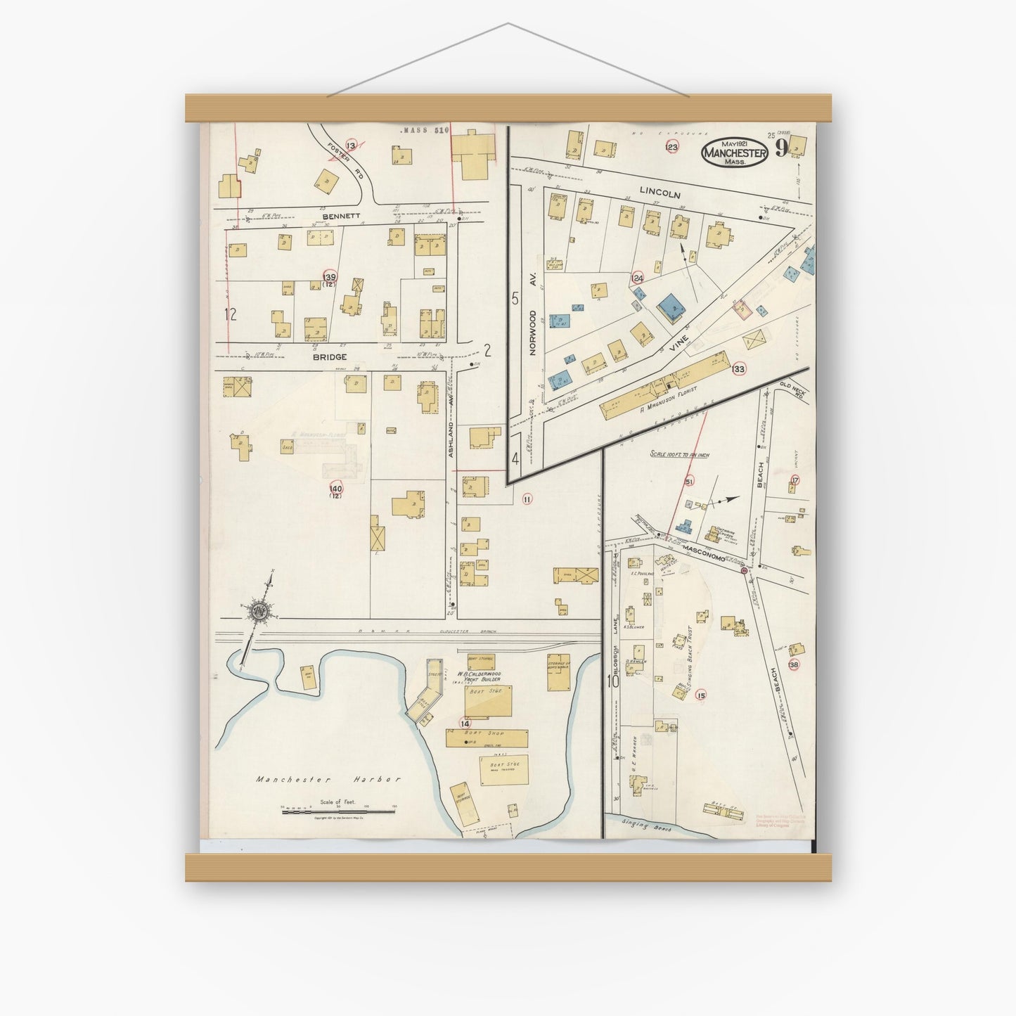 Old map wall art mockup — magnetic wood frame on white wall — Sanborn Fire Insurance Map from Manchester, Essex County, Massachusetts (1941), Sheet #0009