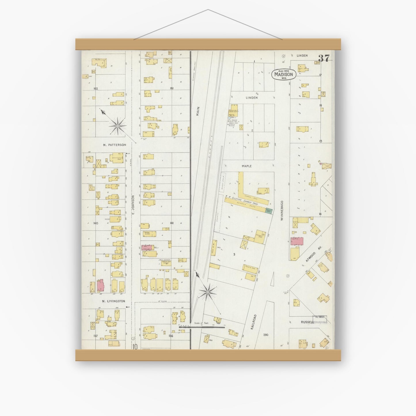 Old map wall art mockup — magnetic wood frame on white wall — Sanborn Fire Insurance Map from Madison, Dane County, Wisconsin (1902), Sheet #0037