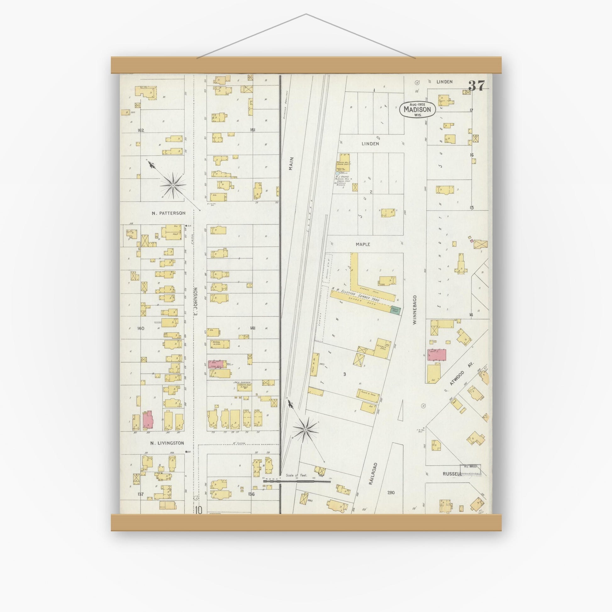 Old map wall art mockup — magnetic wood frame on white wall — Sanborn Fire Insurance Map from Madison, Dane County, Wisconsin (1902), Sheet #0037