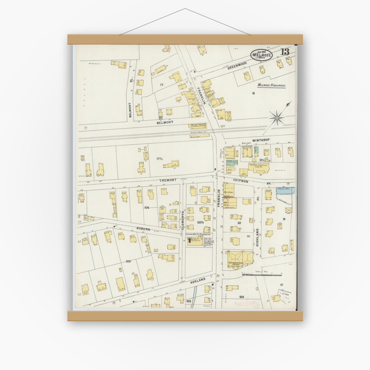 Old map wall art mockup — magnetic wood frame on white wall — Sanborn Fire Insurance Map from Melrose, Middlesex County, Massachusetts (1897), Sheet #0013