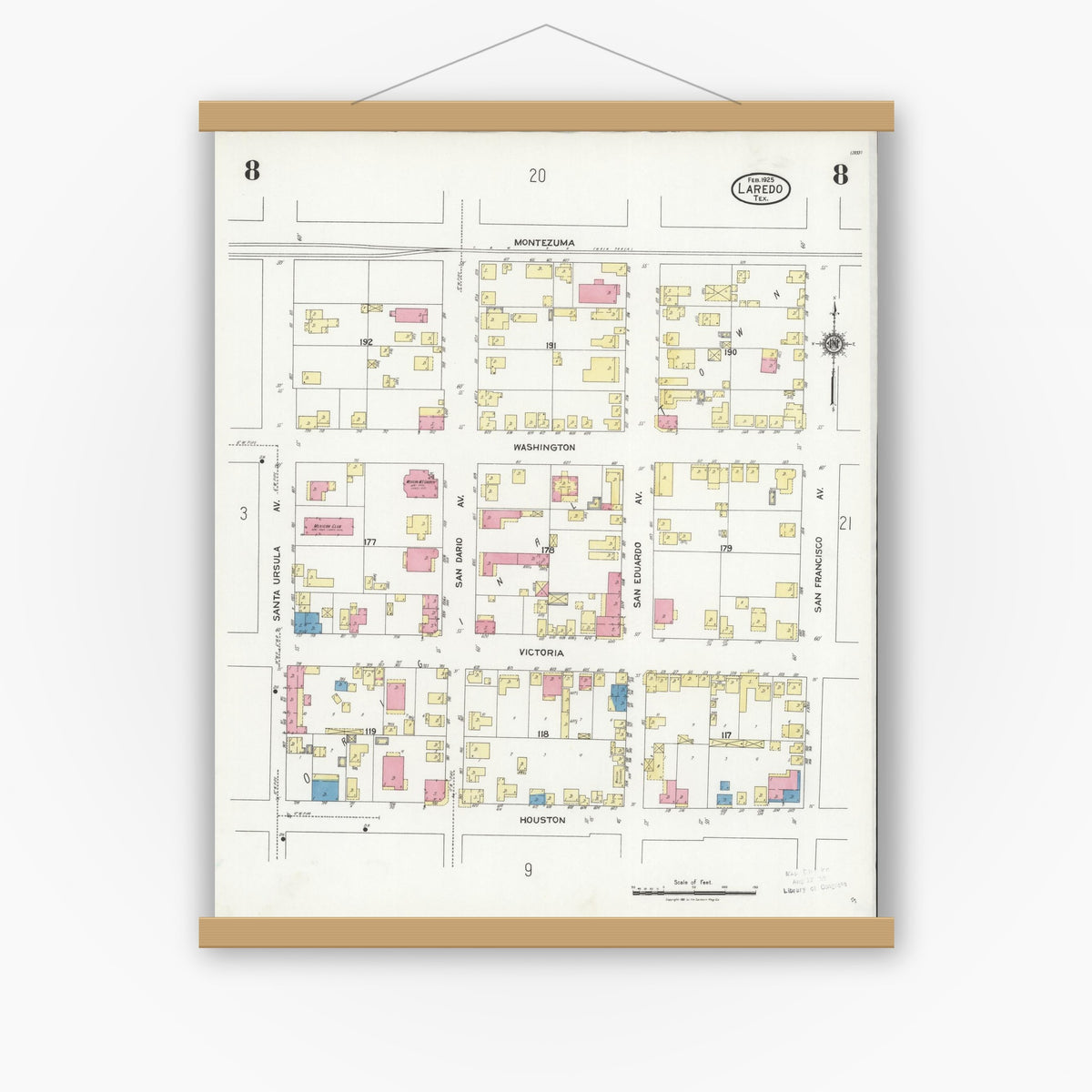 Old map wall art mockup — magnetic wood frame on white wall — Sanborn Fire Insurance Map from Laredo, Webb County, Texas (1925), Sheet #0008
