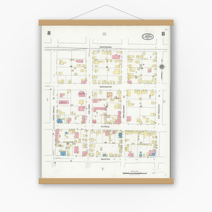 Old map wall art mockup — magnetic wood frame on white wall — Sanborn Fire Insurance Map from Laredo, Webb County, Texas (1925), Sheet #0008