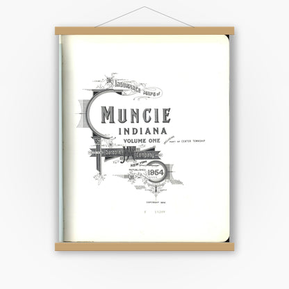Old map wall art mockup — magnetic wood frame on white wall — Sanborn Fire Insurance Map from Muncie, Delaware County, Indiana (1954), Sheet #0001