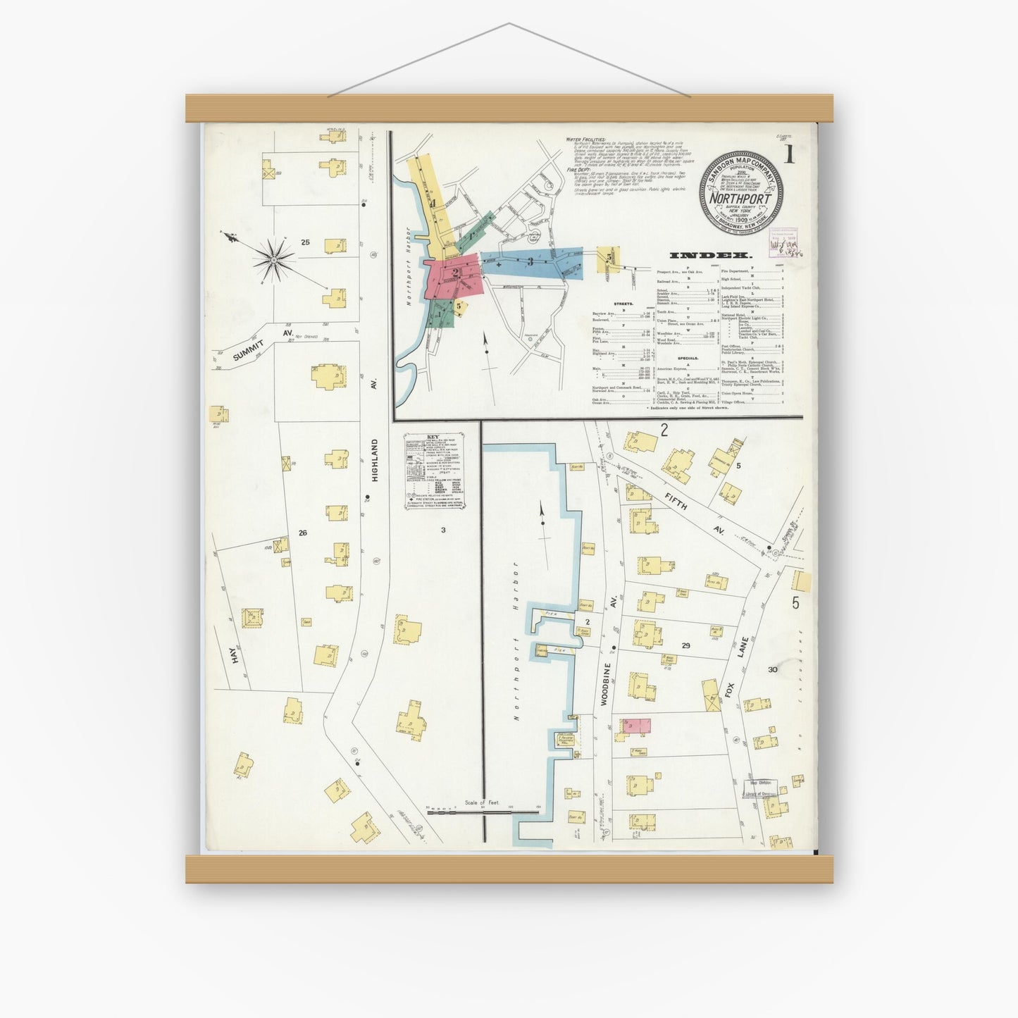 Old map wall art mockup — magnetic wood frame on white wall — Sanborn Fire Insurance Map from Northport, Suffolk County, New York (1909), Sheet #0001
