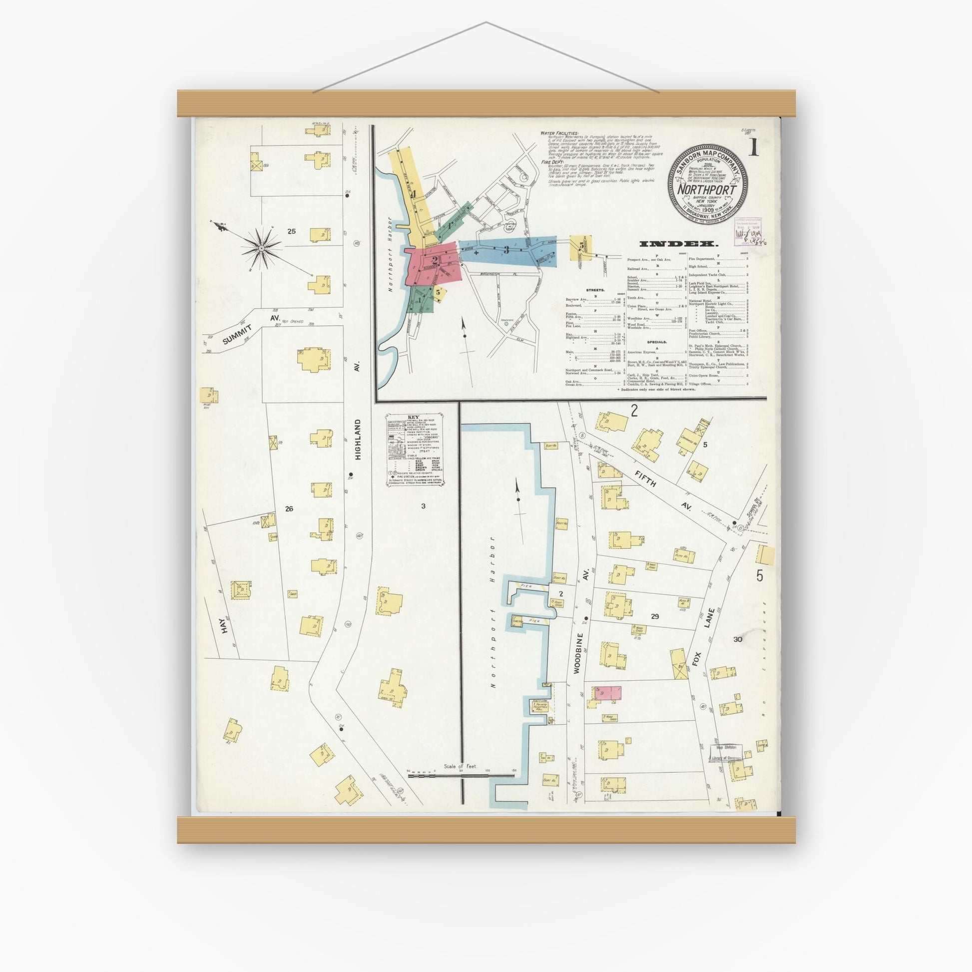 Old map wall art mockup — magnetic wood frame on white wall — Sanborn Fire Insurance Map from Northport, Suffolk County, New York (1909), Sheet #0001