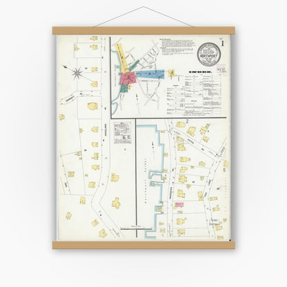 Old map wall art mockup — magnetic wood frame on white wall — Sanborn Fire Insurance Map from Northport, Suffolk County, New York (1909), Sheet #0001