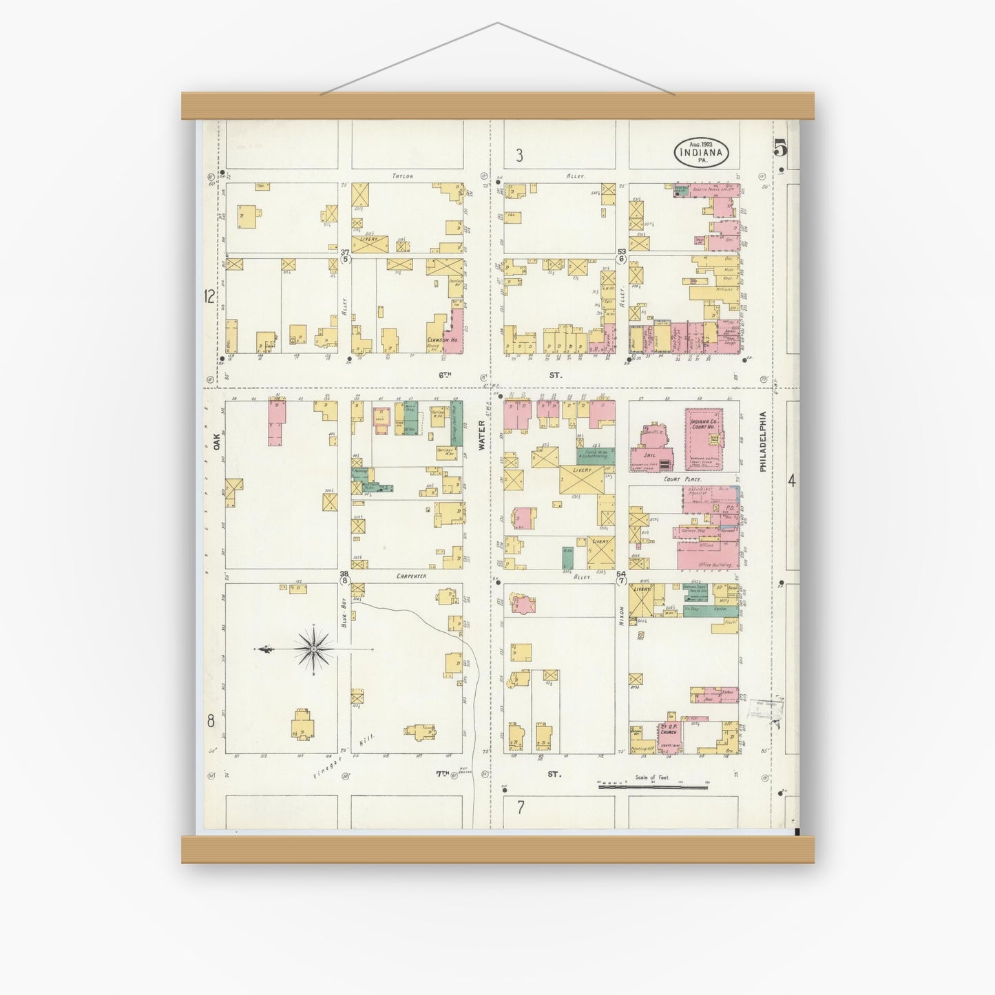 Old map wall art mockup — magnetic wood frame on white wall — Sanborn Fire Insurance Map from Indiana, Indiana County, Pennsylvania (1903), Sheet #0005