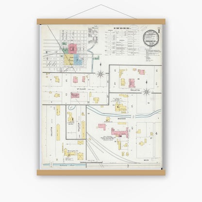 Old map wall art mockup — magnetic wood frame on white wall — Sanborn Fire Insurance Map from Vandalia, Fayette County, Illinois (1898) - Complete Map Set