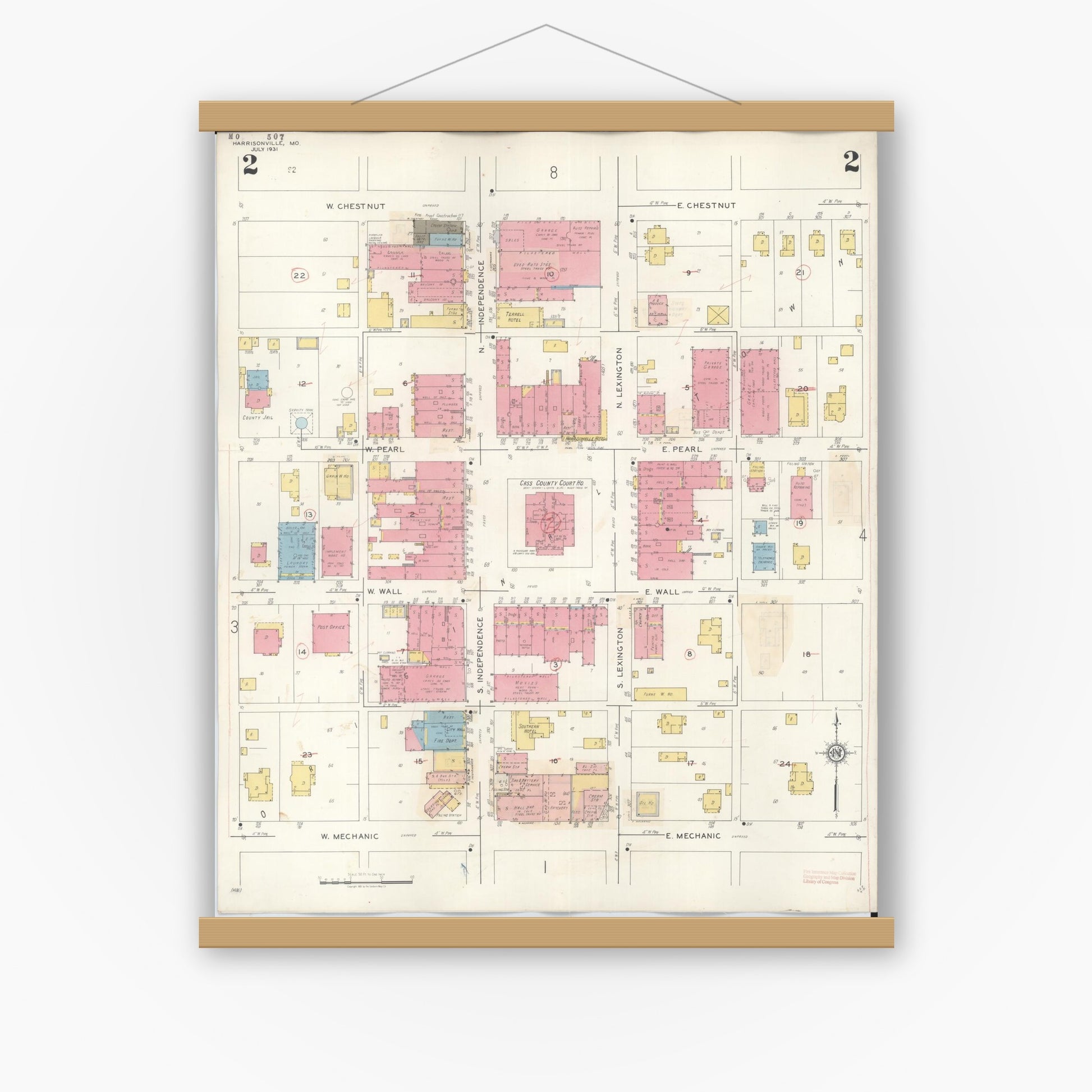 Old map wall art mockup — magnetic wood frame on white wall — Sanborn Fire Insurance Map from Harrisonville, Cass County, Missouri (1939), Sheet #0002