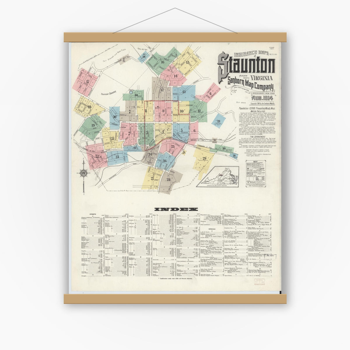 Old map wall art mockup — magnetic wood frame on white wall — Sanborn Fire Insurance Map from Staunton, Independent Cities, Virginia (1914), Sheet #0001