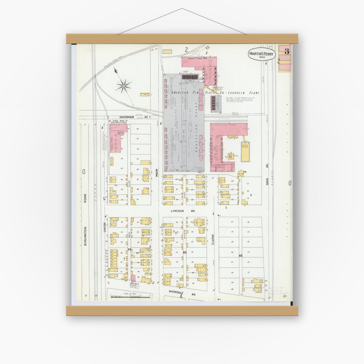 Old map wall art mockup — magnetic wood frame on white wall — Sanborn Fire Insurance Map from Martins Ferry, Belmont County, Ohio (1900), Sheet #0003