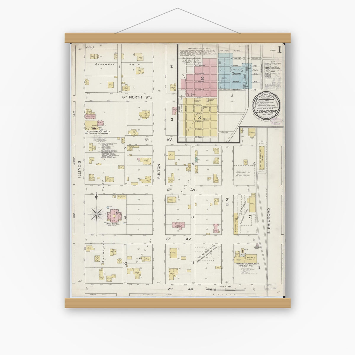 Old map wall art mockup — magnetic wood frame on white wall — Sanborn Fire Insurance Map from Lewistown, Fulton County, Illinois (1887) - Complete Map Set