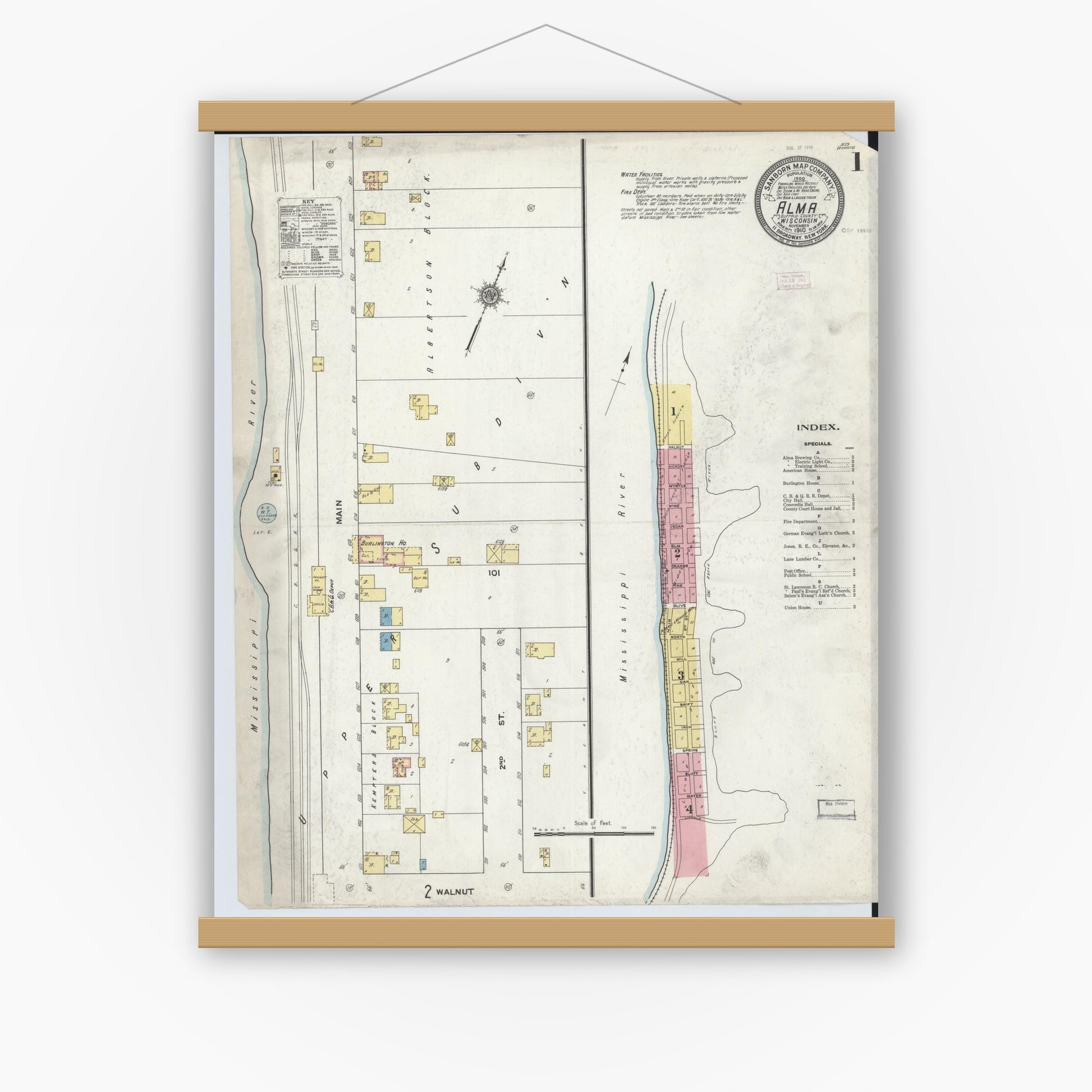 Old map wall art mockup — magnetic wood frame on white wall — Sanborn Fire Insurance Map from Alma, Buffalo County, Wisconsin (1910) - Complete Map Set