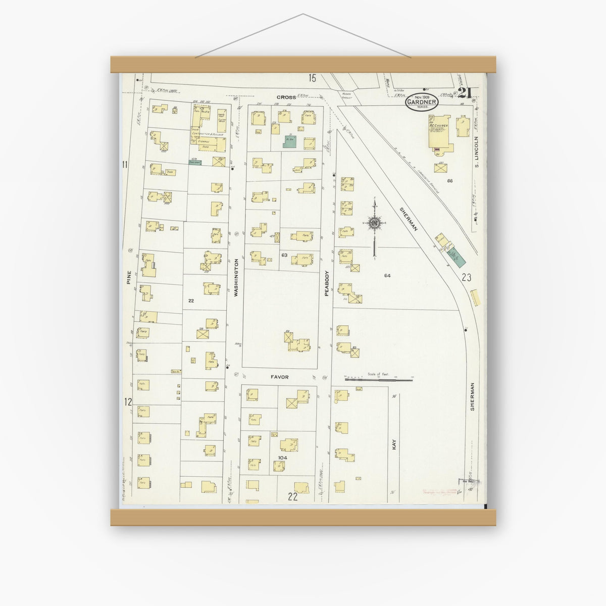 Old map wall art mockup — magnetic wood frame on white wall — Sanborn Fire Insurance Map from Gardner, Worcester County, Massachusetts (1909), Sheet #0021