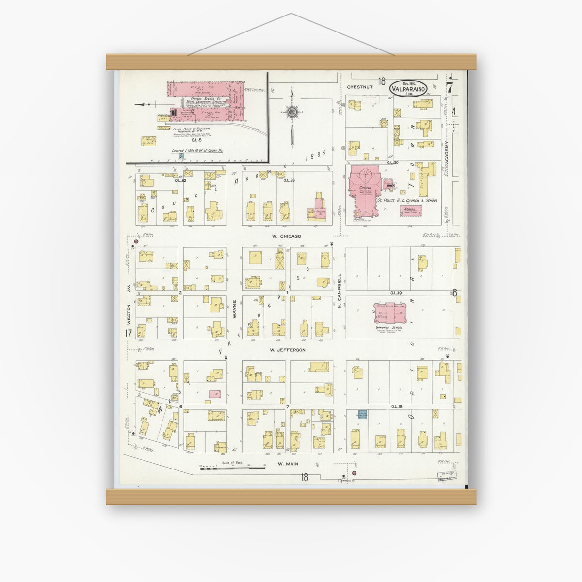 Old map wall art mockup — magnetic wood frame on white wall — Sanborn Fire Insurance Map from Valparaiso, Porter County, Indiana (1910), Sheet #0007