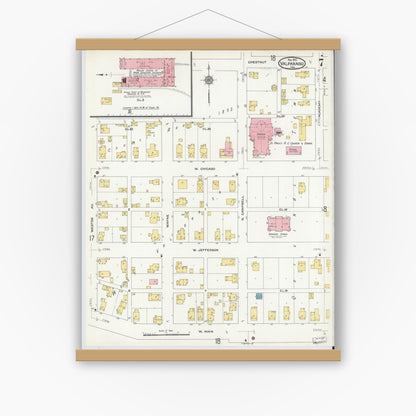 Old map wall art mockup — magnetic wood frame on white wall — Sanborn Fire Insurance Map from Valparaiso, Porter County, Indiana (1910), Sheet #0007