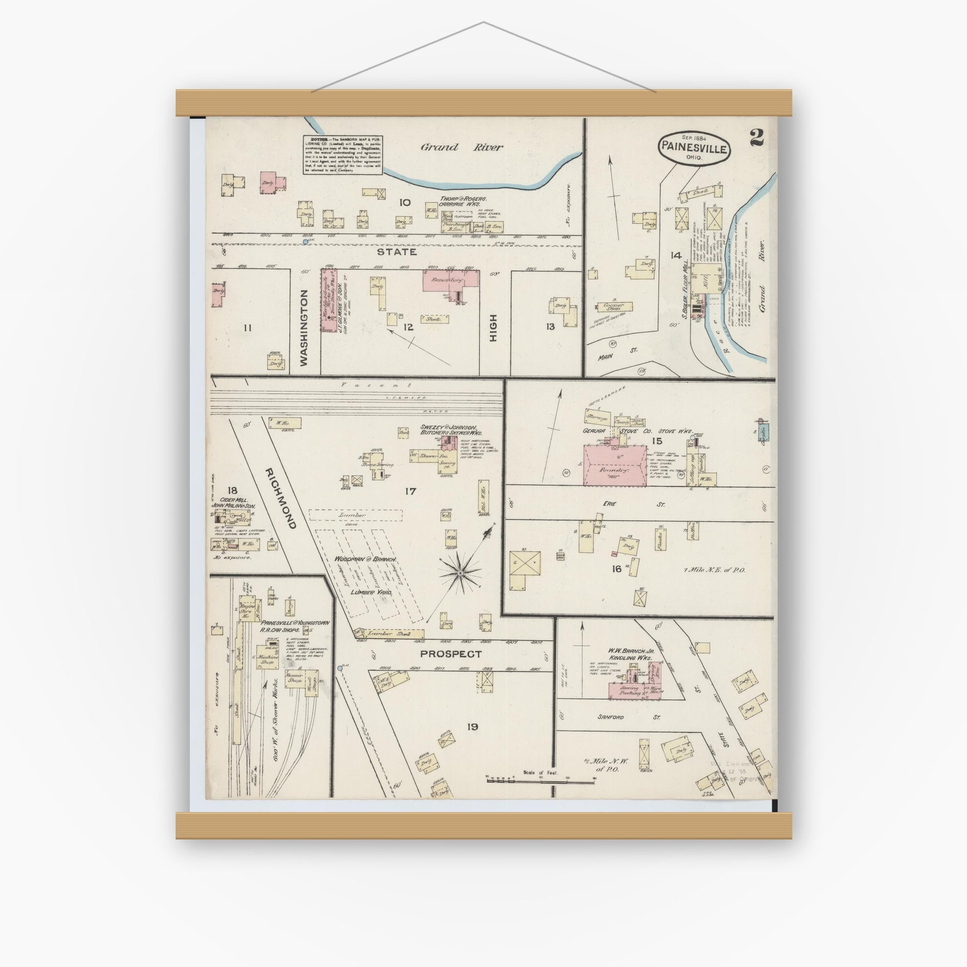 Old map wall art mockup — magnetic wood frame on white wall — Sanborn Fire Insurance Map from Painesville, Lake County, Ohio (1884), Sheet #0002