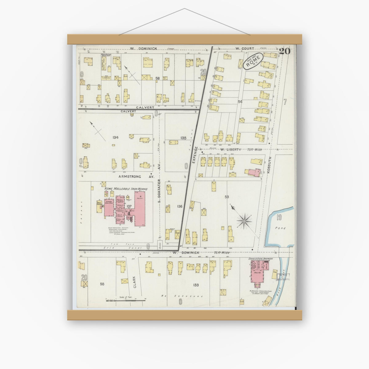 Old map wall art mockup — magnetic wood frame on white wall — Sanborn Fire Insurance Map from Rome, Oneida County, New York (1894), Sheet #0020